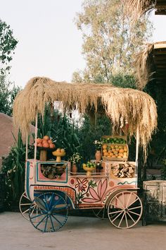 an old fashioned fruit cart with straw roof