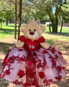 a teddy bear dressed in a red and pink dress