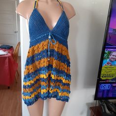 Bikini Coverup Size M Crochet New Blue Crochet Swimwear For Poolside, Fitted Blue Crochet Swimwear, Yellow Sleeveless Halter Top For Beach, Crochet Blue Swimwear For Beachwear, Blue Crochet Swimwear For Festivals, Blue Crochet Swimwear For Beach Season, Handmade Blue Swimwear For Beach Season, Handmade Blue Swimwear For Festival, Handmade Fitted Blue Swimwear