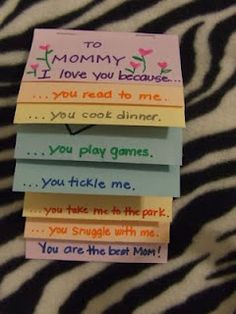 four cards that say to mommy if i love you because you read to me, you play games, you take me, you are the best mom