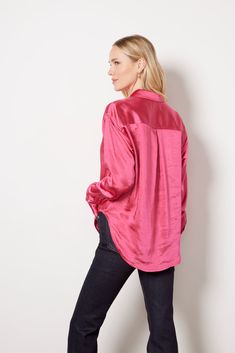 The classic button-down gets a chic upgrade with smooth satin fabric. This Good American shirt features a relaxed, flowy silhouette with a shirttail hem and covered button placket. Style with jeans and booties for a day-to-night look. | GOOD AMERICAN Women's Washed Satin Weekend Shirt, Size 2XS/XS, Pink Sleek Satin Shirt For Fall, Casual Satin Collared Blouse, Casual Satin Blouse For Fall, Chic Satin Shirt For Fall, Classic Satin Tops For Fall, Casual Satin Tops For Fall, Casual Satin Tops For Daywear, Casual Satin Blouse With Collar, Casual Satin Shirt For Spring