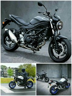 the motorcycle is black and silver with blue rims on it's tires, and there are three different views of the bike