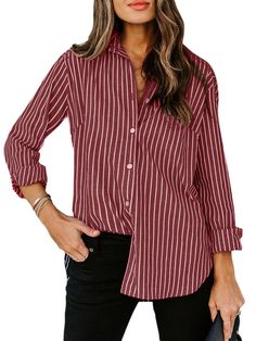 PRICES MAY VARY. US SIZE: S=(US 4-6), M=(US 8-10), L=(US 12-14), XL=(US 16-18), 2XL=(US 20-22). We use American standard size. Please rest assured to purchase. Features: Button down shirt for women, Woman Button up, Cotton Striped dress shirt, Long sleeves, Solid dressy top, V neck collared tunics, Shirts for work formal business. This Stripe Blouses for women fashion can be rolled up for a cool laid back style. This Casual Long Sleeve Button Down Shirts Tops make you look more chic, stylish and Cotton Stripe Dresses, Work Formal, Work Blouses, Women's Button Down Shirt, Loose Blouse, Dressy Tops, Shirt Long Sleeve, Work Blouse, Office Work