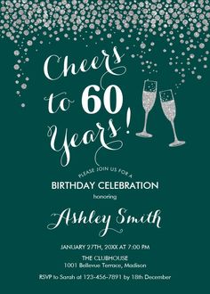 cheers to 60 years birthday party card with champagne glasses and confetti on green background