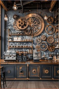 an industrial style coffee shop with gears on the wall and wooden flooring in front of it