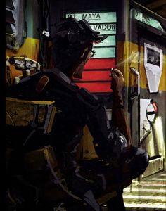 a man sitting on top of a bench next to a train car in the dark