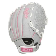 a close up of a baseball glove that is on a white surface and has pink trim