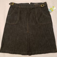 Nwt Denim Skirt With Two Front Pockets, And Adjustable Belt Buckles On Each Sides. Skirt Is Darted In The Front With A Double Folded Split Flap. Size L Fitted Dark Wash Skirt With Belt Loops, Casual Denim Skirt With Belt Loops For Work, High Waist Skirt With Pockets By Forever 21, Forever 21 High Waist Skirt With Pockets, Forever 21 Casual Pencil Skirt, Casual Forever 21 Pencil Skirt, Casual Skirt With Pockets By Forever 21, Fitted Denim Blue Bottoms By Forever 21, Fitted Denim Blue Bottoms From Forever 21