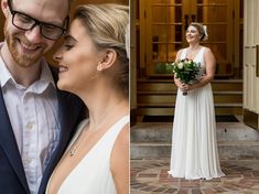 a bride and groom posing for pictures in front of the doors of their wedding venue