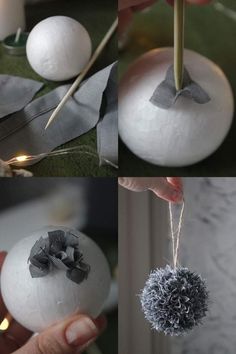 three pictures showing how to make an ornament