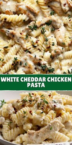 white cheddar chicken pasta in a bowl with parsley on top and another side dish