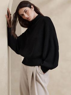 Landa Merino Sweater | Banana Republic Exaggerated Sleeves, Merino Sweater, The Sheep, Ribbed Knit Sweater, Wide Waistband, Batwing Sleeve, Knit Jumper, The Land, Hip Length