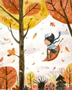 a painting of a girl flying through the air in an autumn scene with trees and leaves