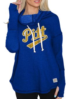 Wear your Panthers spirit with pride in this Pitt Panthers Long Sleeve Hoodie! Fight off the chill in this Panthers Womens Blue Ilene Hooded Sweatshirt. This Panthers Long Sleeve Hoodie features a screen print team graphic on center front. Screen print, Soft hand, Funnel neck, Thumb holes, Contrast color draw-cord, 50% Polyester/50% Cotton, Imported Blue Hoodie With Drawstring For Leisure, Blue Leisure Hoodie With Drawstring Hood, Blue Hoodie Tops For Leisure, Blue Tops With Drawstring Hood For College, Pitt Panthers, Retro Brand, Thumb Holes, Funnel Neck, Soft Hand