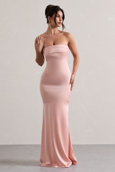 Colada Pink Satin Pleated Bandeau Maxi Dress – Club L London - USA Midi Bridesmaid Dress, Bandeau Maxi Dress, Club L London, Black Dress Prom, Pink Shade, Party Dress Long Sleeve, Black Sequin Dress, Black Velvet Dress, Pink Tulle