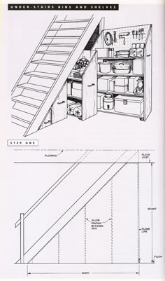 the stairs and shelves are built into the wall to allow storage space for items in the kitchen