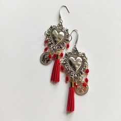 Sacred heart earrings with charms and butterfly lobe closure measuring 8.5 Earrings With Charms, Sacred Heart Art, Silver Pearl Earrings, Heart Art, Leather Tassel, Stylish Jewelry, Sacred Heart, Silver Pearls, Heart Earrings