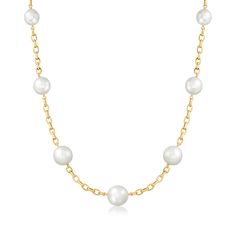 Ross-Simons - 12-15mm Cultured South Sea Pearl Station Necklace in 14kt Yellow Gold. 18". Here, a series of seven silky 12-15mm cultured South Sea pearls are stationed along a gleaming 14kt yellow gold rolo chain. Whether it is draped over a formal gown or added into your signature layered look, this necklace will prove to be an eternally elegant choice. Lobster clasp, white pearl station necklace. South Sea pearls are unique and may vary. Pearl birthstones are the perfect gift for June birthday Classic Chain Necklace With Round Beads, Classic Single Strand Necklace With Round Beads, Classic Single Strand Chain Necklace With Round Beads, White Cable Chain Necklace For Formal Occasions, Formal White Cable Chain Necklace, White Classic Pearl Necklace With Cable Chain, Classic Single Strand Pearl Necklace In 14k Gold, Classic Pearl Chain Necklace, Classic White Round Chain Necklace