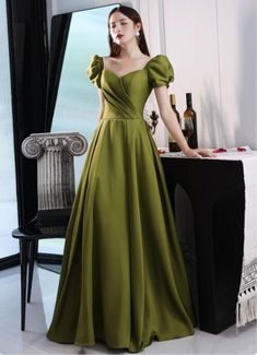 Satin Long Prom Dress, Prom Dress A Line, Green Evening Dress, A Line Evening Dress, Long Prom Dresses, Evening Dress Fashion, Green Prom Dress, Dress Store, Looks Chic