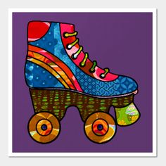 a painting of a roller skate with colorful shoes on the top and bottom wheels, against a purple background