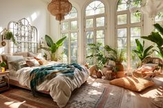 a bedroom with large windows and lots of plants