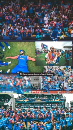 the collage shows many different images of people in blue uniforms and their hands up