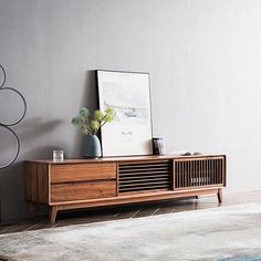 a living room scene with focus on the entertainment center and rugs in the foreground