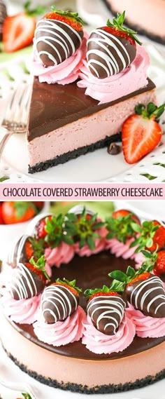 chocolate covered strawberry cheesecake with strawberries on top