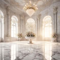 an elegant room with chandelier and flowers in vases on the marble floor