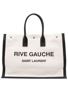 beige/black cotton-linen blend canvas logo print to the front leather top handles main compartment Saint Laurent Rive Gauche Tote, Saint Laurent Tote, How To Pronounce, Androgynous Fashion, Saint Laurent Paris, Rive Gauche, Saint Laurent Shoes, Luxury Shop, Shopping Tote