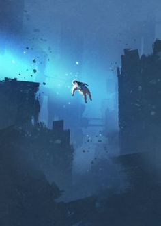 a bird flying through the air over a city in foggy weather with buildings and debris