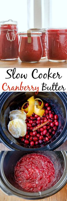 slow cooker cranberry butter recipe with jars in the background