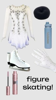 the figure skating outfit is white and has black lettering on it, along with accessories