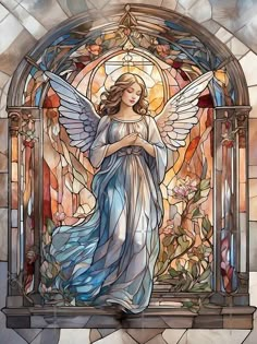 an angel standing in front of a stained glass window