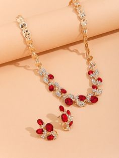 Red Glamorous      Embellished   Jewelry Small Diamond Necklace, Dark Red Earrings, Glamorous Women, Red Jewelry Set, Red Rhinestone Earrings, Necklace Tattoo, Glitter Necklace, Glamour Women, Embellished Fashion