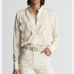 Reiss Karina Embroidered Front Blouse. Cream. Ivory. Embroidered. Button Down Top. Grandad Collar. Victorian. Brand New. Nwt. Pit To Pit: 21” Shoulder To Hem: 27” Jeans Sandals, Elegant Blouse Designs, Blouse Nordstrom, Elegant Blouses, Embroidery Blouse, Blouse Online, Embroidered Silk, Embroidered Blouse, Women Lace