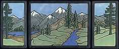 three panels with trees and mountains on them, each panel has a river running through it