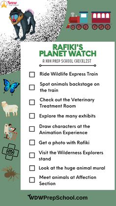 a poster with animals and other things to do in the park, including a train