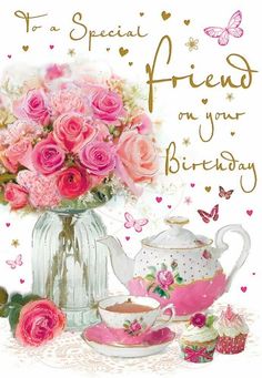 a birthday card with pink roses in a teapot, cupcakes and muffins