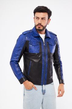 BLUE Genuine Leather Jacket , Our products are 100% genuine Python leather; It is produced in master hands with quality materials and delicate hand workmanship. Classic Blue Long Sleeve Leather Jacket, Fitted Blue Leather Jacket With Pockets, Luxury Blue Outerwear With Pockets, Blue Leather Jacket For Work, Classic Blue Leather Outerwear, Designer Blue Business Outerwear, Designer Blue Outerwear For Business, Fitted Blue Leather Outerwear, Genuine Leather Jackets