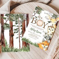 two baby shower cards with woodland animals on them