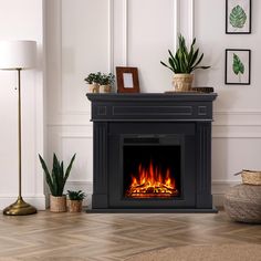 a living room with a fireplace and potted plants