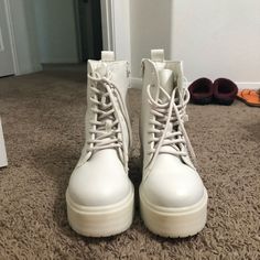 These Are High Quality Boots, Heavy, Has Lots Of Memory Foam, Brand New Only Worn Once Easy Clean Up Casual High-top Combat Boots For Spring, Casual High Heel Synthetic Boots, White Casual Platform Boots, Casual White Platform Boots For Winter, Casual White Winter Platform Boots, White Round Toe Combat Boots For Fall, Casual Platform Boots With Round Toe, Casual Platform Boots In Synthetic, Casual Platform Synthetic Boots