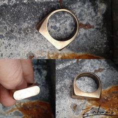 Geometric ring made of bronze. Perfect gift for birthday, mother's day, Valentine's day, holidays. Dimensions: Ring top width: 23 mm. Ring top height: 8 mm. Ring width: 7 mm. Size: 20, 21, 22. Weight: 12,1 g. Material: Bronze. The stated dimensions of the ring may be slightly altered due to the individual execution of each piece. There is a possibility to match the jewelery on request - Contact. Every order is shipped in an elegant bag. Bronze Hand Forged Ring For Gift, Hand Forged Bronze Rings For Gift, Bronze Brass Rings For Anniversary, Anniversary Bronze Brass Ring, Bronze Brass Open Ring, Handmade Brass Open Signet Ring, Antique Brass Signet Ring Gift, Gold Copper Round Ring, Hand Forged Brass Rings As Gift