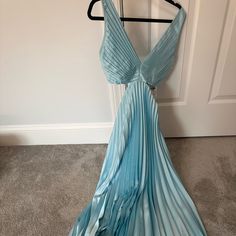 Size Small Blue Evening Maxi Dress For Spring, Blue Maxi Dress For Evening In Spring, Light Blue Pleated Dresses For Spring, Spring Evening Blue Maxi Dress, Chic Blue Maxi Dress For Evening, Blue Spring Evening Dress, Light Blue Maxi Dress For Spring Formal, Light Blue Sleeveless Evening Maxi Dress, Light Blue Sleeveless Maxi Dress For Evening