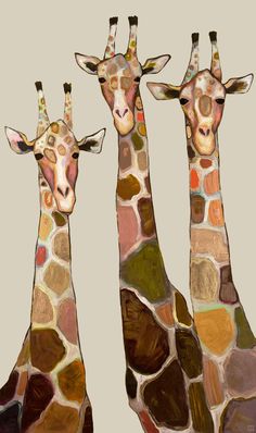 Three Giraffes on Cream Canvas Wall Art - GreenBox Art Eli Halpin, Figurative Kunst, Collage Mural, Arte Van Gogh, Fine Art Giclee Prints, Blue Wall Art, Blue Canvas, Giraffes