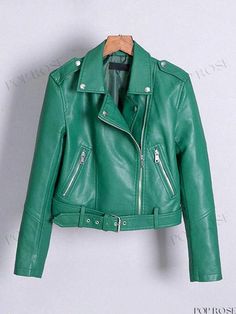 Poprose - Women's Casual Faux Leather Biker Jacket with Turned-Down Collar and Zip-Up Closure Fall Outerwear, Faux Leather Biker Jacket, Boyfriend Style, Turndown Collar, Leather Biker Jacket, Casual Spring, Biker Jacket, Women's Casual, Spring And Fall