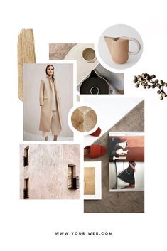 a collage of photos with different colors and shapes, including a woman in a beige coat