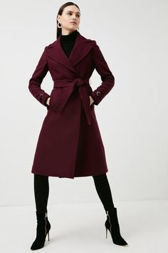 Italian Wool Blend Buckle Signature Coat - Red - Italian Wool Blend Buckle Signature Coat Maroon Coat, Burgundy Coat, Elegant Coats, Business Chic, Winter Chic, Belted Coat, Red Coat, Padded Coat