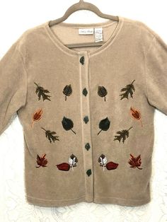 Nick & Sarah Tan Fleece Leaves Button Cardigan Sweater Size Medium Excellent Used Condition very soft and warm fleece sweater with embroidered Leaves. Please View all the pictures for Approximate Measurements. INV#B4 Vintage Button Closure Sweater For Fall, Vintage Button-up Sweater For Fall, Duck Sweater, Embroidered Duck, Masc Outfits, Embroidered Leaves, Vintage Fall, Hozier, Button Cardigan